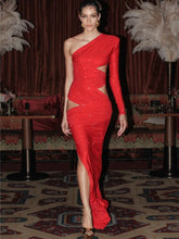 Shinning Rhinestones Women Sexy One Shoulder Bodycon Long Dress Wedding Memaid Party Celebrate Cocktail Dress Vestido